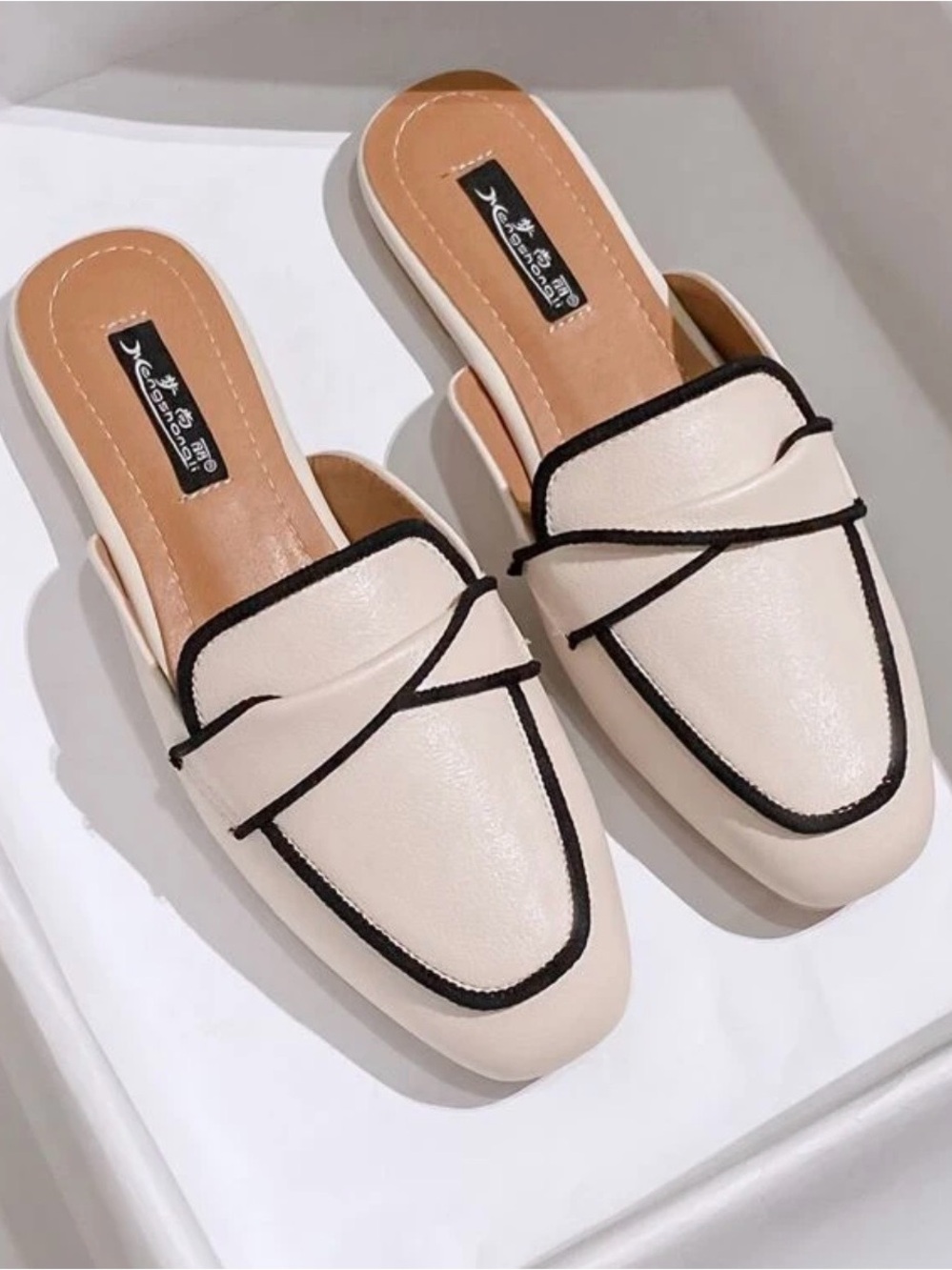 SHEIN Cream Slip-On Loafer Mules with Black Trim
